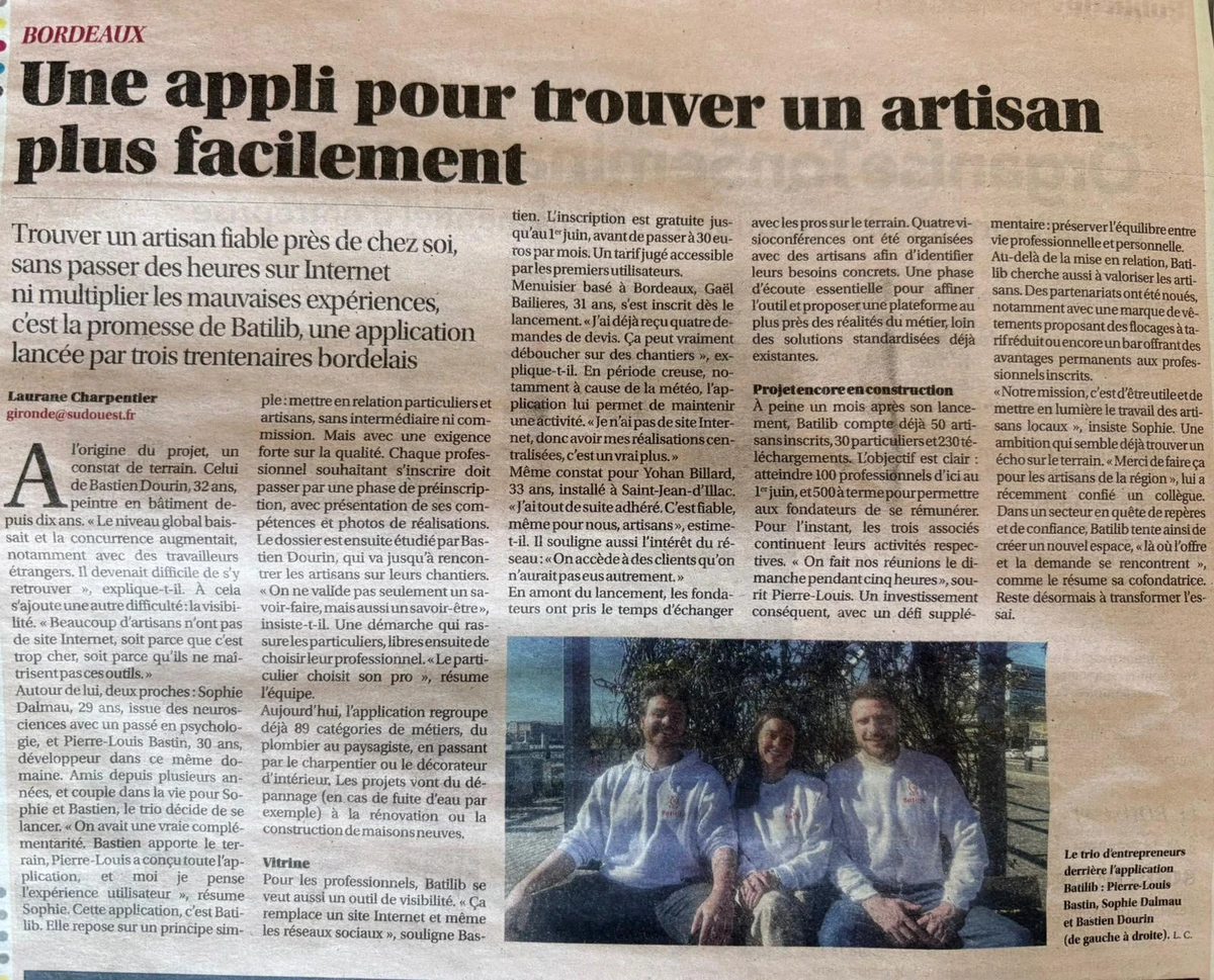 Article complet du journal Sud Ouest sur Batilib, application bordelaise pour trouver un artisan en Gironde
